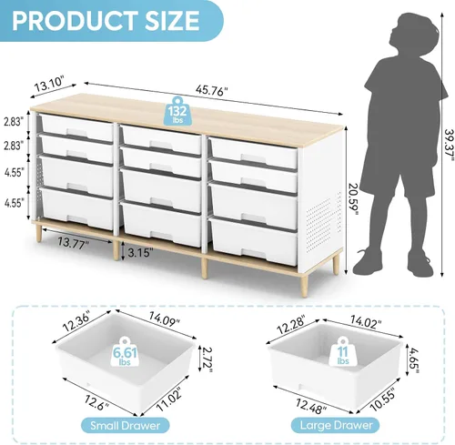 Miniatura 3 de Armario de almacenamiento de 12 cajones con parte superior de madera y contenedores de plástico, estante de juguetes, organizador de cubos