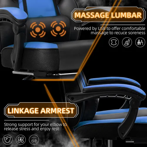 Miniatura 6 de Silla de juego Shintenchi, silla para videojuegos con reposapiés y soporte lumbar de masaje, silla de juego ajustable en altura con asiento