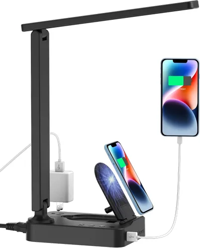 Miniatura 10 de Drevet Lámpara LED de escritorio para dormitorio universitario, luz de escritorio con 1 puerto de carga USB, 2 tomas de corriente CA, 3 modos