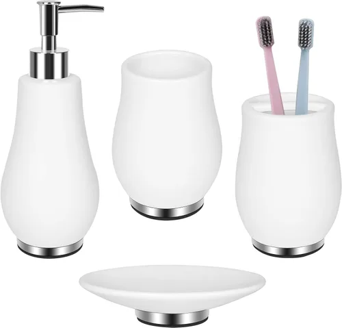 Miniatura 18 de RQYIXI - Juego de accesorios de baño de 4 piezas, soporte para cepillo de dientes, dispensador de jabón, decoración de baño de cerámica y madera