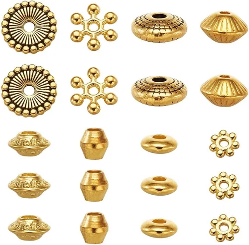 Miniatura 21 de Craftdady 300 piezas Cuentas espaciadoras de aleación tibetana dorada antigua 30 estilos surtidos Cuentas de columna poligonal asimétrica, cuentas