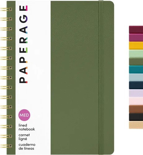 PAPERAGE Cuaderno de diario en espiral con líneas (verde oliva), 160 páginas, diario de tapa dura para mujeres y hombres, tamaño mediano de 5.5 x 8