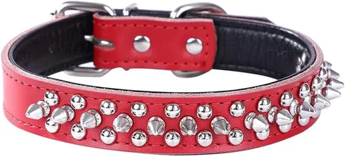 Miniatura 7 de Serijoars Collares ajustables de cuero genuino con tachuelas para mascotas pequeñas, medianas y grandes, Pit Bull, Bulldog, Pugs, Husky (M, morado)