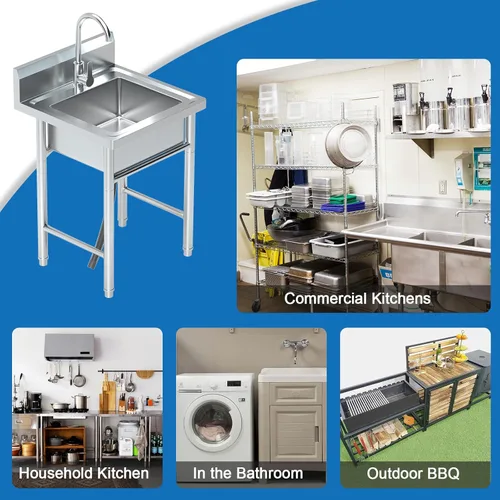 Miniatura 6 de Fregadero utilitario de acero inoxidable de 20 pulgadas con plomería de agua fría/caliente y estante para cocina, baño, lavandería Fregadero