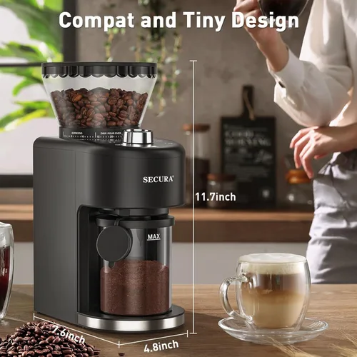 Miniatura 6 de Secura Molinillo de café cónico de acero inoxidable, 35 ajustes de molienda, capacidad de 2 a 12 tazas, almacenamiento de granos de 8.8 onzas