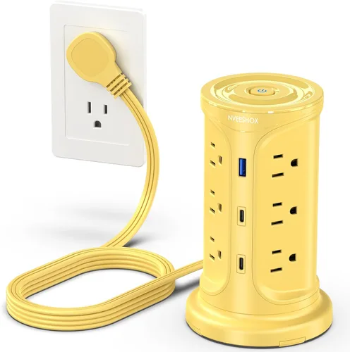 Miniatura 9 de Regleta de Protección contra Sobretensiones Torre Enchufe Plano con 12 Tomas de CA 3 Puertos USB (2 Tipo C), Cable de Extensión Ultra Plano de 6.5