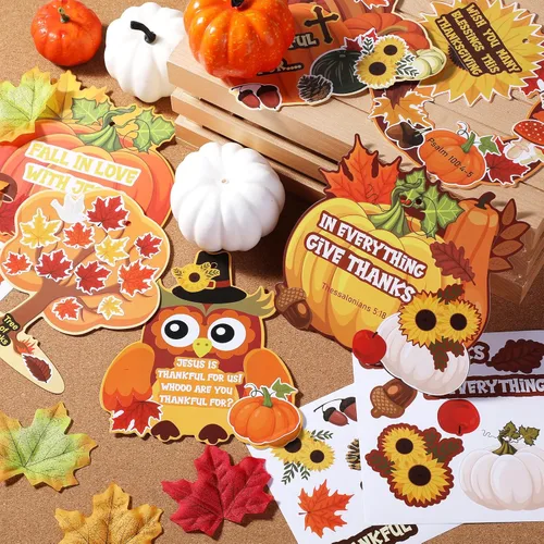 Miniatura 6 de Outus 24 piezas de manualidades religiosas de otoño para niños, calcomanías de calabaza y Jesús de cosecha de otoño, adornos colgantes