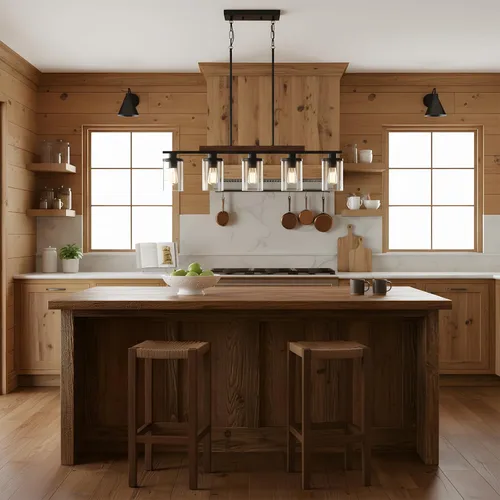 Miniatura 8 de Lámpara de Araña Lineal Moderna de Granja de 5 Luces para Isla de Cocina y Comedor – Luminaria Colgante Rústica Ajustable con Marco de Metal Negro