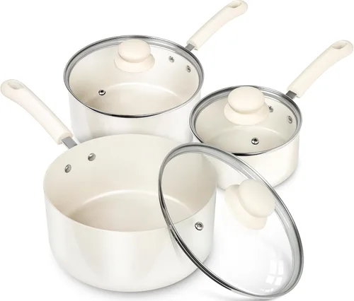Miniatura 16 de MICHELANGELO Juego de sartenes antiadherentes, cacerola de cerámica con tapa, olla multiusos con tapa, sartenes no tóxicas, 1 cuarto de galón, blanco