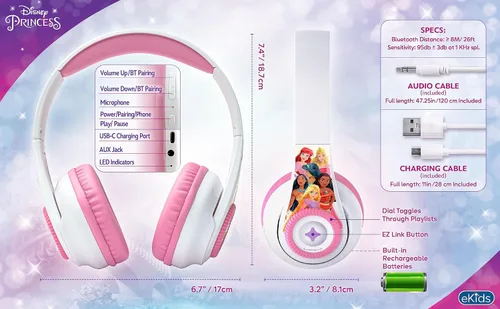 Miniatura 6 de eKids Disney Princess - Auriculares Bluetooth con EZ Link+, auriculares inalámbricos con micrófono y cable de audio, auriculares para niños