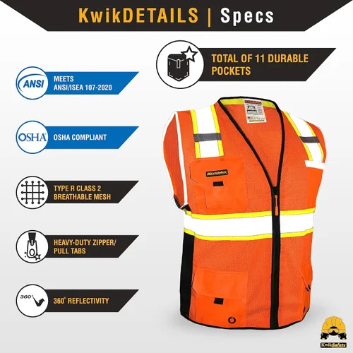 Miniatura 5 de KwikSafety - Chaleco de Seguridad BIG KAHUNA Edición Base y Edición Limitada Chaleco Reflectante Clase 2 ANSI OSHA para Hombre Naranja