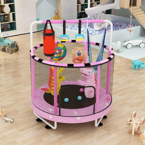 Miniatura 8 de LAMERGE Trampolín redondo 7 en 1 de 55 pulgadas para niños y niñas de 1 a 8 años, trampolín para interiores y exteriores para diversión, barandilla
