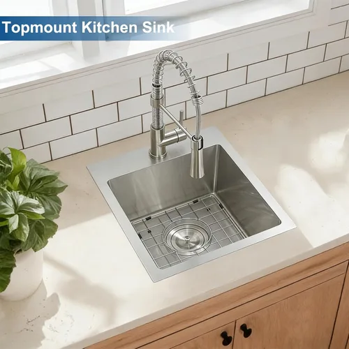 Miniatura 2 de 15x15 Inch Drop In Bar Sinks, Top Mount Handmade Single Bowl Small Kitchen Sink, 16 Gauge Stainless Steel Brushed Nickel for Wet Bar Prep RV Outdoor