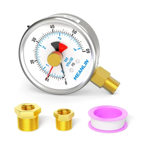 Miniatura 18 de MEANLIN MEASURE 0~100 Psi Manómetro de acero inoxidable con esfera de 2.5 pulgadas con puntero de reinicio, relleno de líquido, WOG para agua