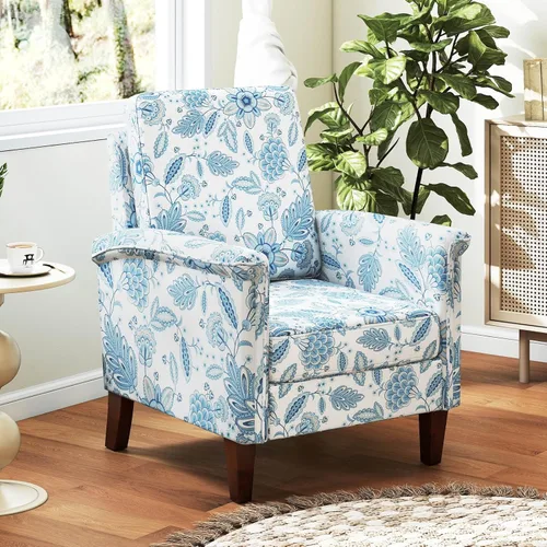 GOFLAME Silla decorativa floral, cómoda silla tapizada con patas de madera de goma y cojín acolchado grueso, sillón individual de respaldo alto,