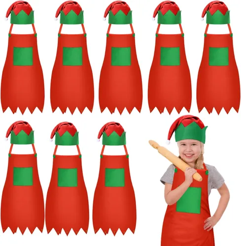 Miniatura 10 de Handepo - Conjunto de delantal y gorro de elfo navideño para niños, sombreros de Papá Noel para niños, suministros de fiesta navideña para niños