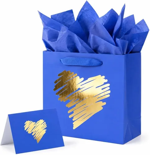 Miniatura 6 de ysmile Pequeña bolsa de regalo negra con papel de seda para hombres, fiesta de cumpleaños, aniversario, día del padre, 7.8 pulgadas, corazón dorado