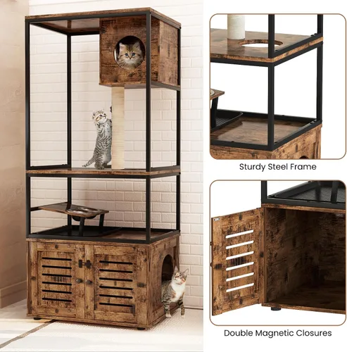 Miniatura 5 de AWQM Caja de arena grande para gatos, torre de árbol de 3 niveles con cuenco de alimentación elevado, postes rascadores, baño oculto, condominio