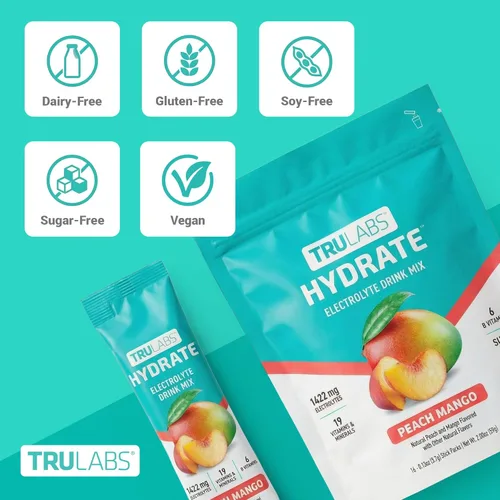 Miniatura 3 de TRULABS Hydrate - Mezcla de bebida con electrolitos – Sabor melocotón y mango, paquetes de hidratación sin azúcar con electrolitos de 1422 mg y 19