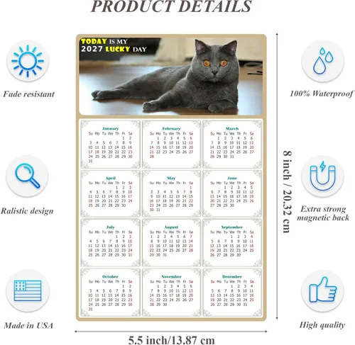 Miniatura 3 de Calendario magnético 2024 – Imanes del calendario – Today is my Lucky Day – Resistente a la decoloración, desgarros y agua – Temática de gato 014
