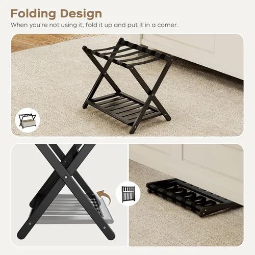 Miniatura 4 de oakvivo Portaequipajes negro totalmente montado para habitación de invitados, soporte plegable de bambú para maleta con 5 correas de nailon, soporte