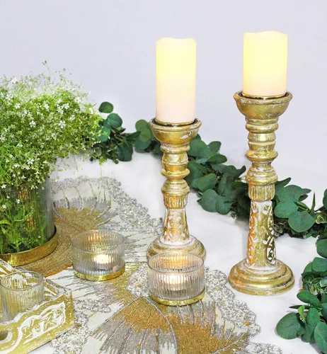 Miniatura 6 de Portavelas de madera maciza – Juego de 3 candelabros tallados a mano – Centro de mesa bohemio rústico para otoño, Acción de Gracias, Navidad, día