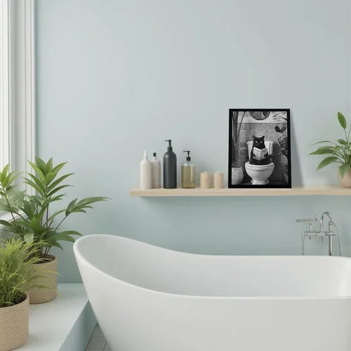 Miniatura 4 de SYWENNOI Arte de Pared en Lienzo Enmarcado en Blanco y Negro para Baño, Divertido Gato Negro Sentado en el Inodoro Leyendo Periódico Decoración