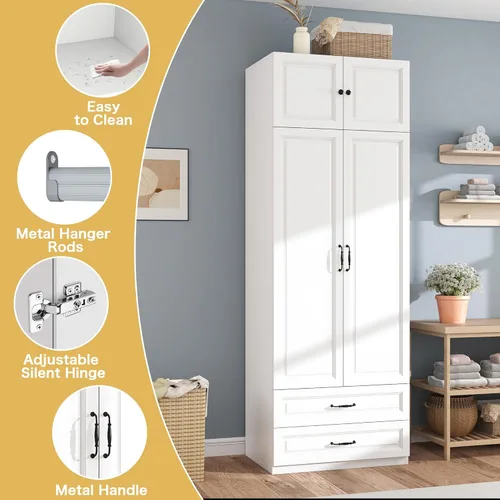 Miniatura 5 de Armario Armario con puertas: Armario blanco extra alto de 89 pulgadas con almacenamiento en la parte superior, Armarios de dormitorio con 2 puertas