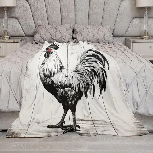 Miniatura 6 de Manta de microfibra suave y acogedora con diseño de gallo rústico en blanco y negro, suave y acogedora manta de microfibra para sofá, cama, oficina