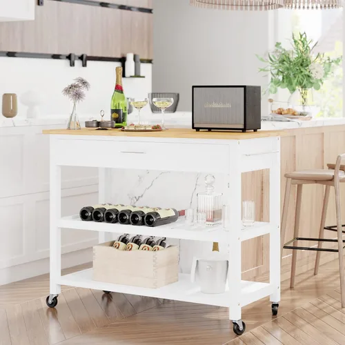 Miniatura 9 de Shintenchi Isla de cocina con hoja plegable, mesa de isla enrollable con almacenamiento, armario de cocina con ruedas con área de asiento para Blanco