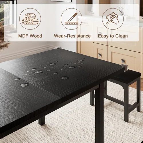 Miniatura 5 de Einhomn Juego de Mesa de Comedor de 5 Piezas para 4-6, Mesa de Cocina Extensible de 63" con 2 Bancos y 2 Taburetes, Estructura de Metal y Tablero