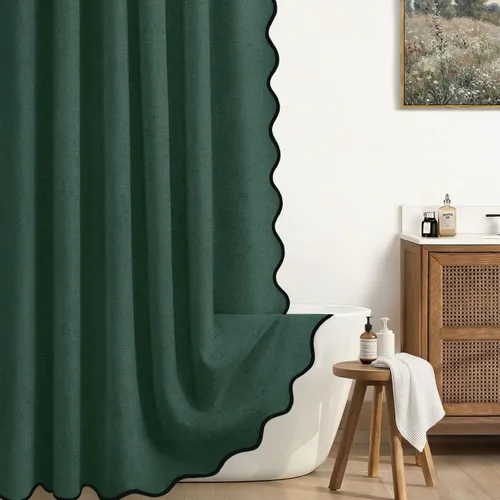 Miniatura 18 de Cortina de Ducha de Lino Beige Bonita Negra Festoneada Boho Moderna Cortinas de Ducha para Baño Juego, 48" W x 72" L