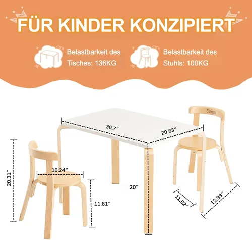 Miniatura 3 de Swegrow Juego de mesa y 2 sillas para niños, mesa y sillas de madera para niños y bebés, muebles de madera para niños para sala
