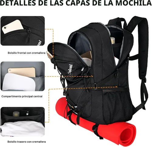 Miniatura 6 de Mochila de senderismo de 45L con cubierta para lluvia, mochila de camping ligera plegable para senderismo, mochila resistente al agua con sistema