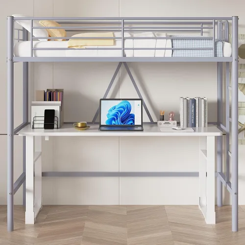 Miniatura 6 de VECELO Cama tipo loft tamaño individual, marco de cama de metal con escalera extraíble y barandilla de seguridad, no necesita somier, ahorro de Gris