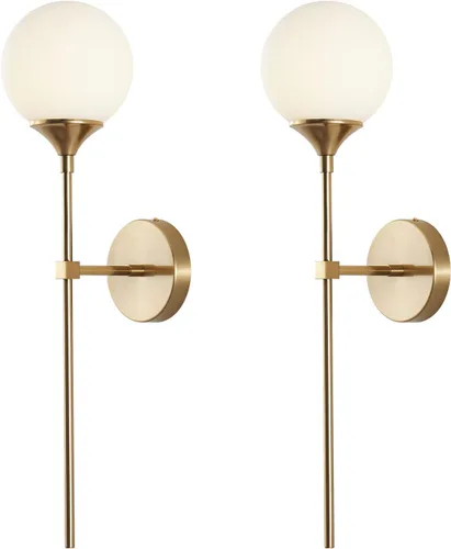 Miniatura 13 de KCO Mid-Century - Juego de 2 apliques de pared modernos con globo de vidrio ámbar con brazo largo, lámparas de pared industriales doradas