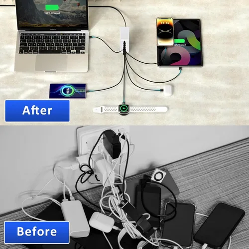 Miniatura 6 de Cargador USB C de 200 W, cargador USB C, concentrador de estación de carga rápida de 7 puertos GaN mejorado, adaptador de cargador para laptop, 200W