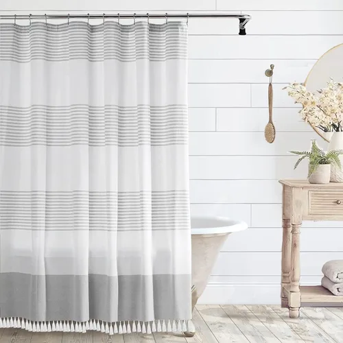 bufftieo Cortina de regadera gris y blanca para baño con borlas estilo rústico moderno, cortinas de tela a rayas boho, juego de cortinas de regadera
