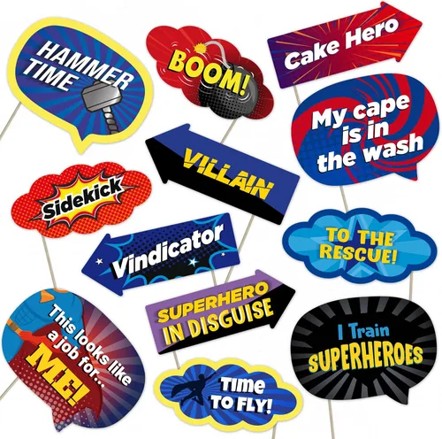 Juego de accesorios para cabina de fotos de superhéroes para fiestas, divertidas decoraciones de superhéroes con temática de cómic (12)