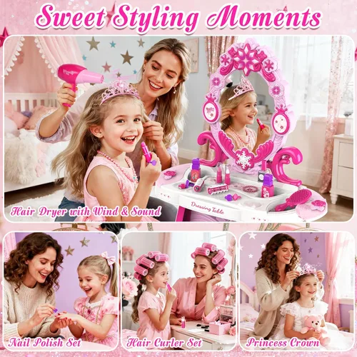 Miniatura 4 de Juego de mesa y silla para niños pequeños, mesa de maquillaje para niñas con luces de espejo y música, juguetes de vestir con secador de pelo