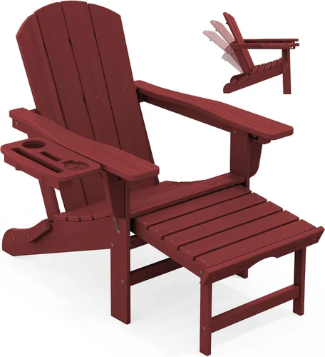 Miniatura 21 de KINGYES Silla Adirondack plegable ajustable con otomana retráctil, silla reclinable Adirondack de polietileno de alta densidad con soporte