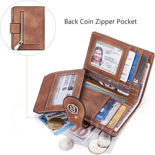 Miniatura 4 de BROMEN Billeteras pequeñas para mujer, con bloqueo RFID, de cuero, plegable, con cremallera, bolsillo para monedas, tarjetero con ventanas