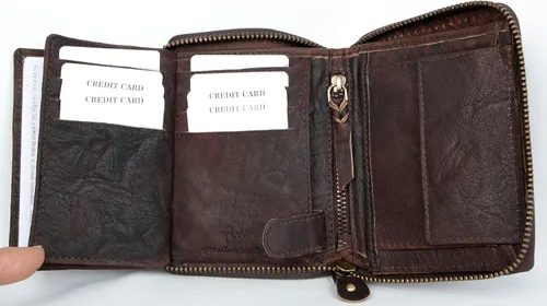 Miniatura 5 de FLW Cartera grande de piel auténtica engrasada con cremallera y tiburón marrón oscuro, Marrón oscuro, Cartera con cremallera