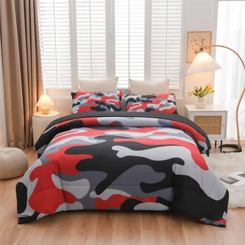 Meeting Story Juego de ropa de cama de camuflaje, juego de edredón estilo patrón colorido, 5 piezas, un edredón, dos fundas de almohada, dos sábanas