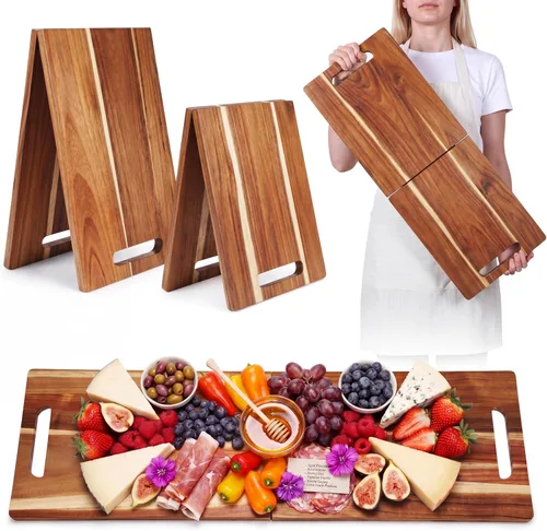 Miniatura 8 de Bokon 2 tablas de madera de acacia para charcutería con asa, bandeja de madera rectangular con mango hueco, bandeja de madera para servir queso