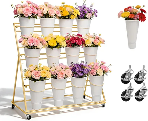 Miniatura 10 de Soporte de exhibición de flores de 3 niveles, soporte móvil de metal para plantas con 12 cubos, carrito de flores con ruedas, adecuado