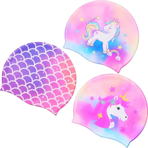 Miniatura 9 de Syhood Gorras de natación para niños, 3 unidades, impermeables, gorro de natación de dibujos animados para cabello largo y corto, para niños y niñas