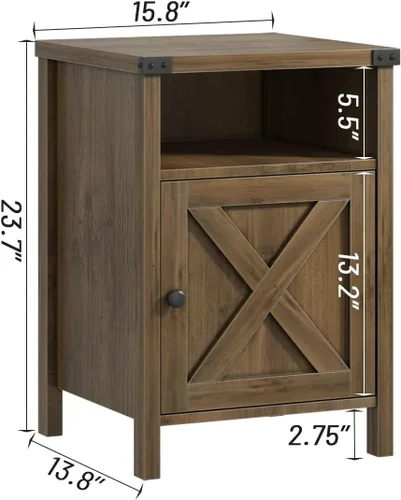 Miniatura 3 de Catrimown Mesita de noche de granja, mesa auxiliar con puerta de granero y estante, moderna mesa auxiliar de cama, juego de mesitas de noche Roble