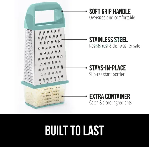 Miniatura 2 de GORILLA GRIP® Rallador de queso XL de acero inoxidable de 4 lados con recipiente de medición, rallador de caja sin BPA, base antideslizante, rallar