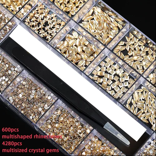 Miniatura 4 de 4880 diamantes de imitación champán para uñas, diamantes de imitación de cristal dorado para uñas, cuentas redondas de cristal con parte trasera